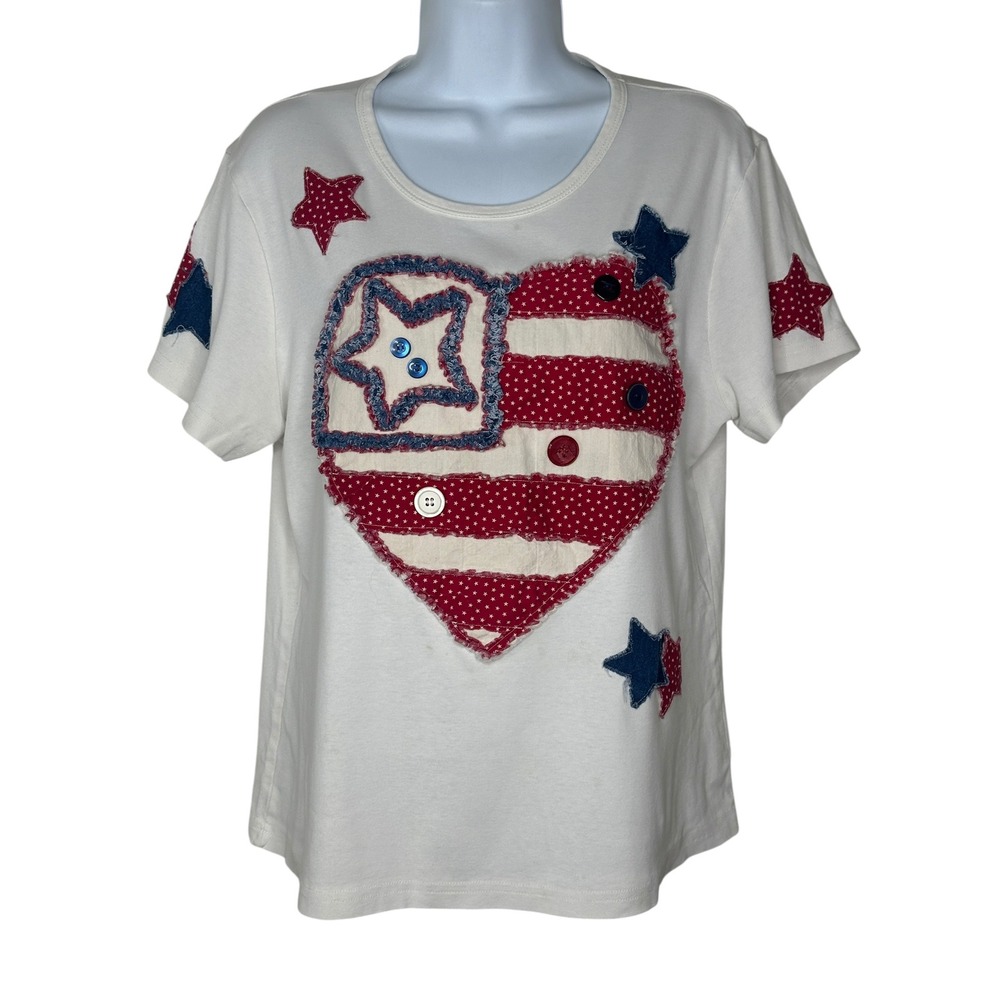 Vintage Cozy T-Shirt Women White Americana Heart Star Patchwork Patriotic Summer